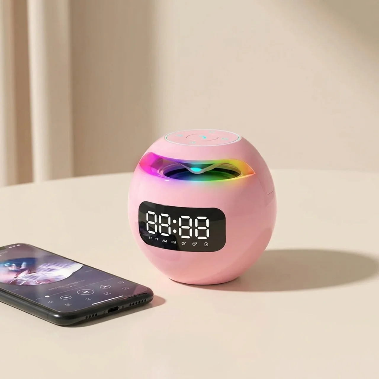 Pink digital clock with colorful display next to a smartphone on a beige surface