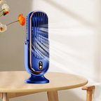 Blue portable fan on a wooden table with flowers in the background