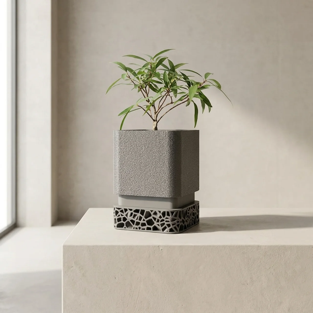 Gray textured planter with a plant on a light surface