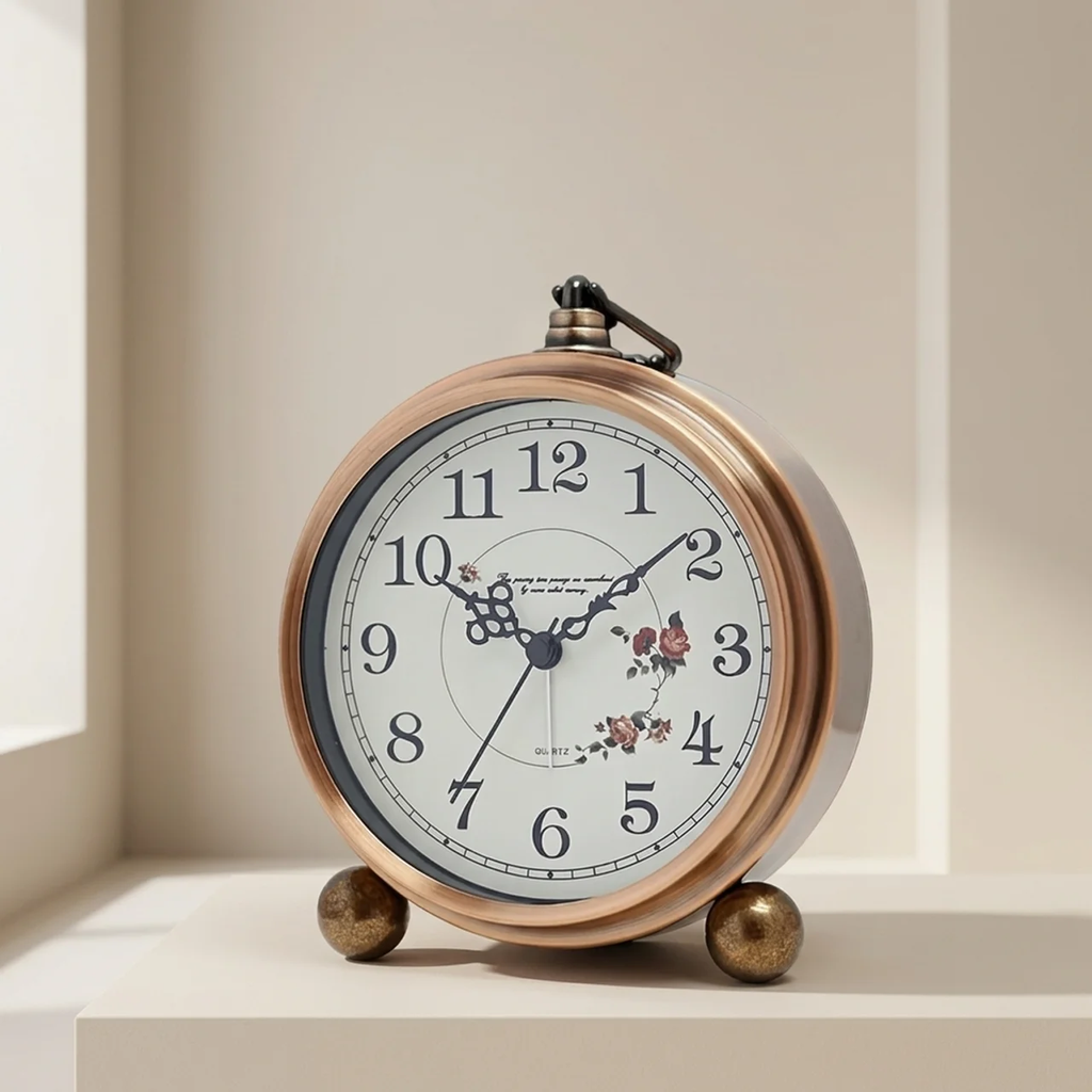 Vintage-style clock with floral design on a neutral background