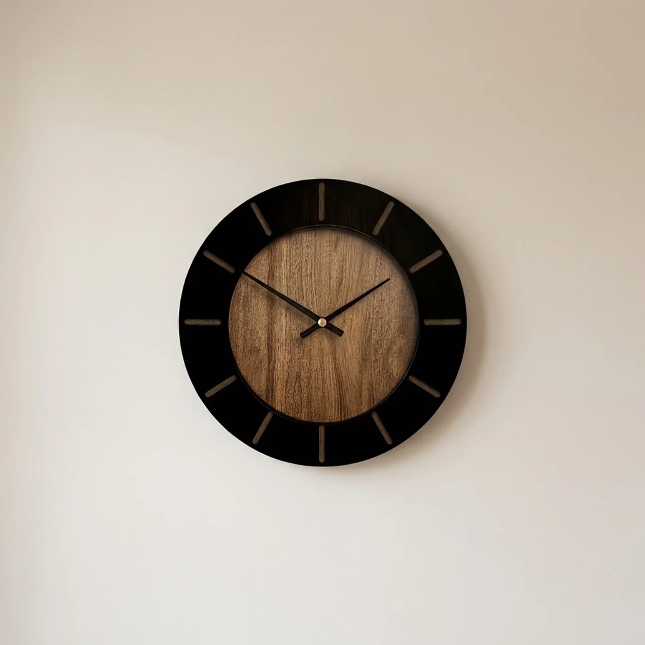 Wooden wall clock with black frame on a beige wall