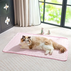 Cat lying on a pink pet mat in a room with a window and furniture.