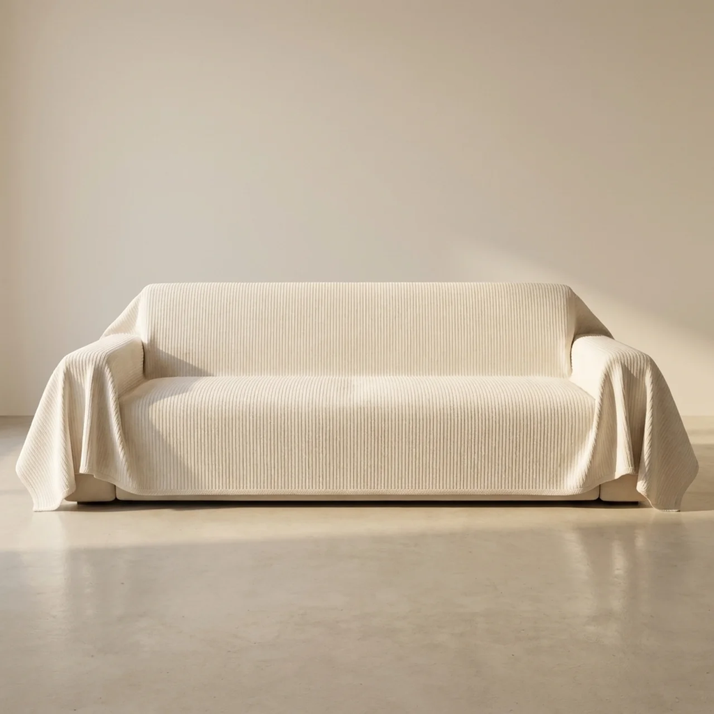Beige sofa with a matching cover in a minimalistic room.