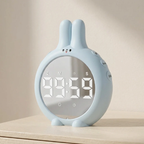 Light blue rabbit-shaped clock with digital display on a wooden surface