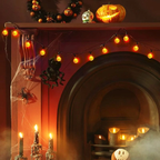 Halloween-themed fireplace with pumpkins, string lights, and decorative items.