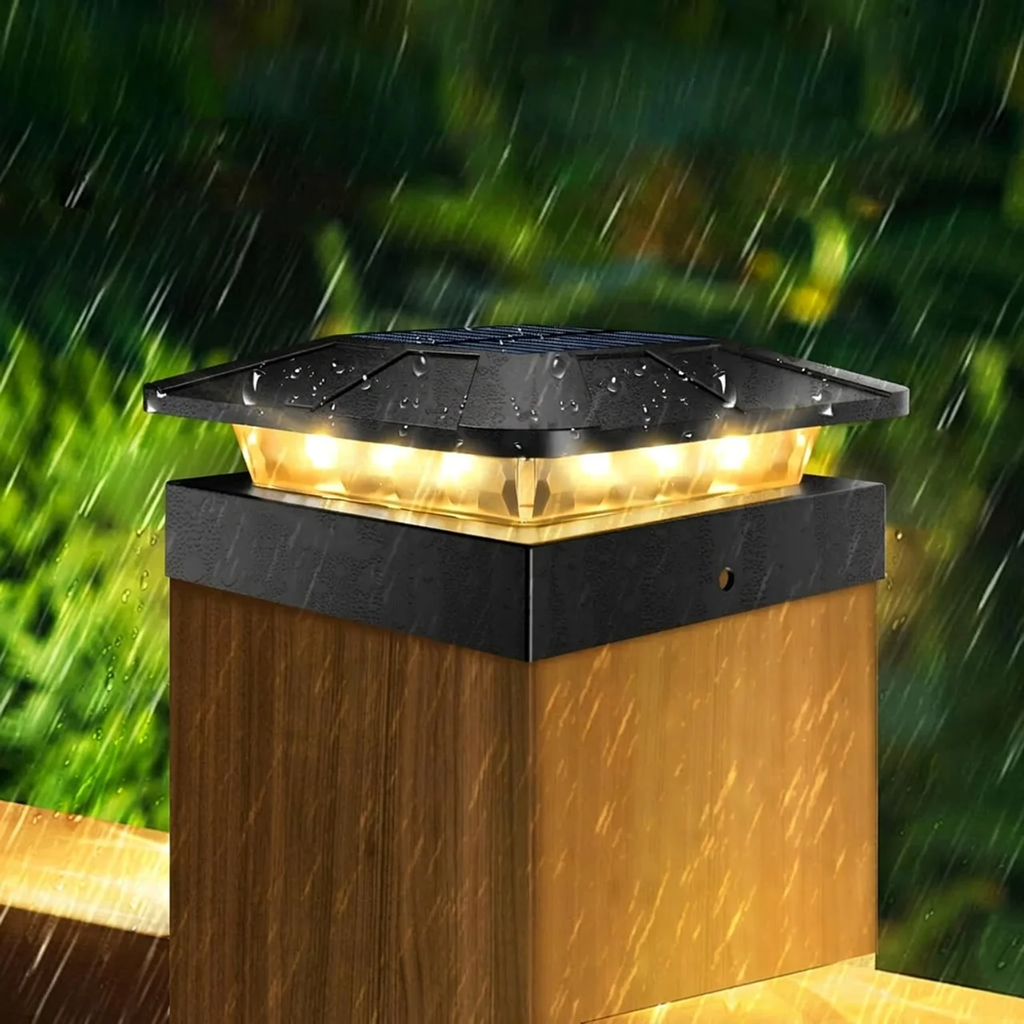Solar-powered outdoor light fixture on a wooden post with rain in the background