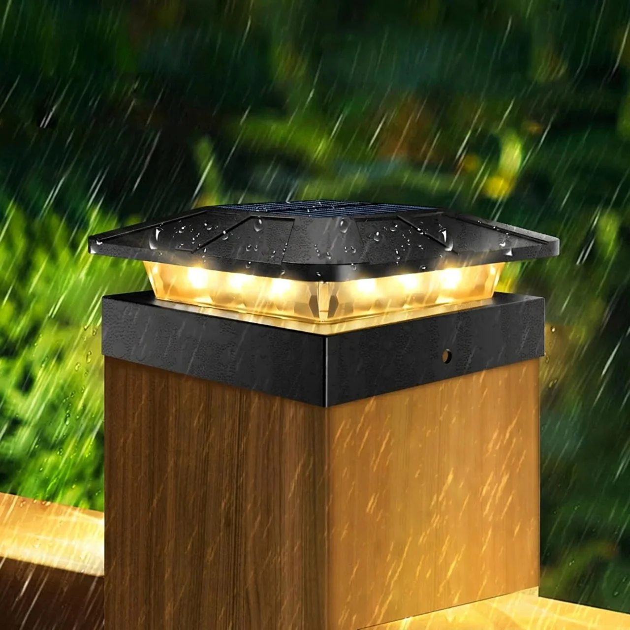 Solar-powered outdoor light fixture on a wooden post with rain in the background