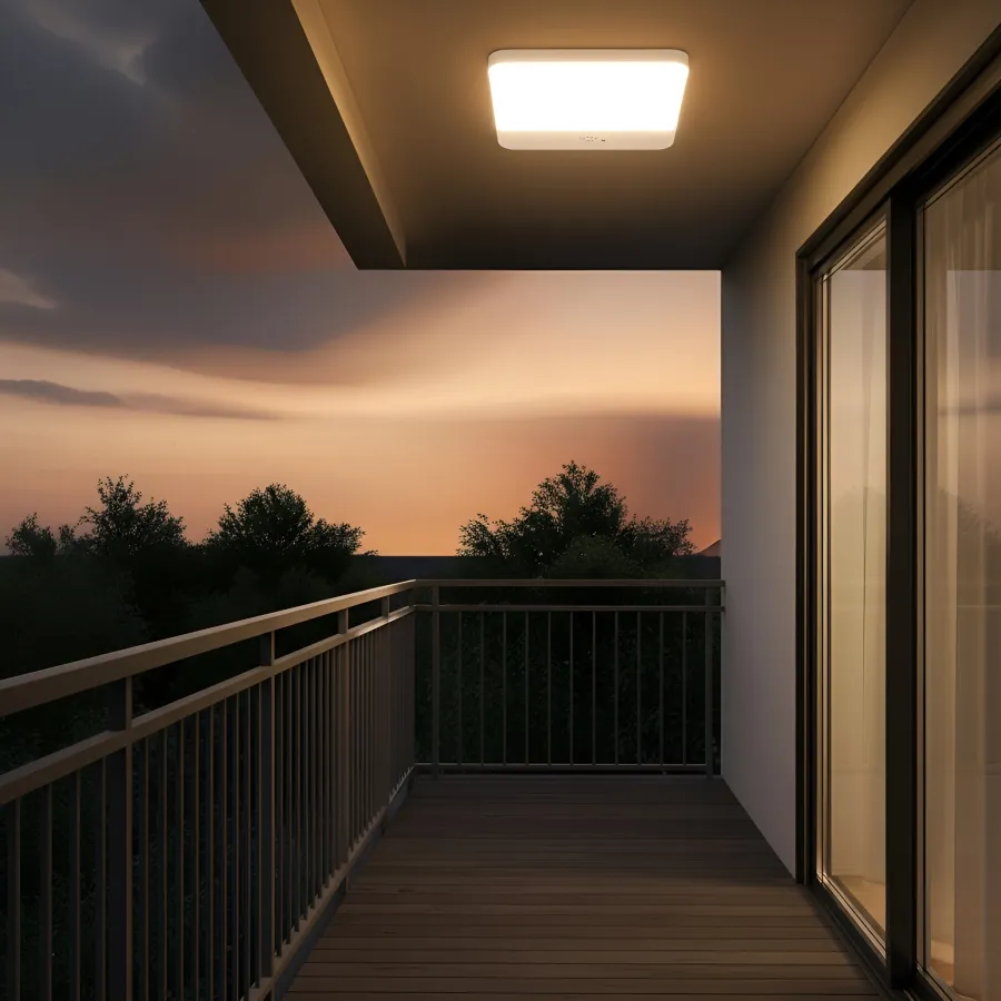 Balcony with a view of a sunset over trees, illuminated by a ceiling light.