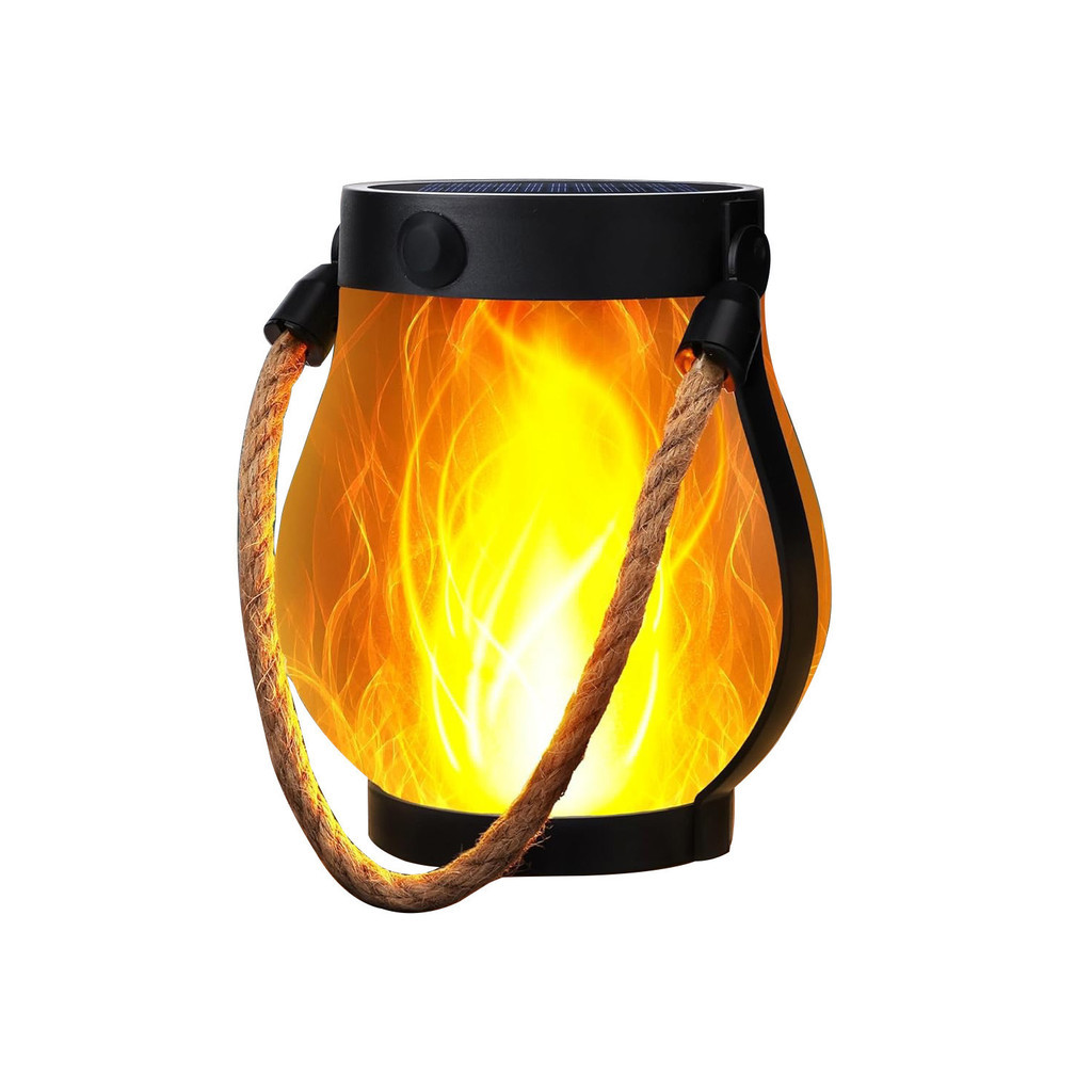 Luminous lantern with flame-like design and black handle on a white background
