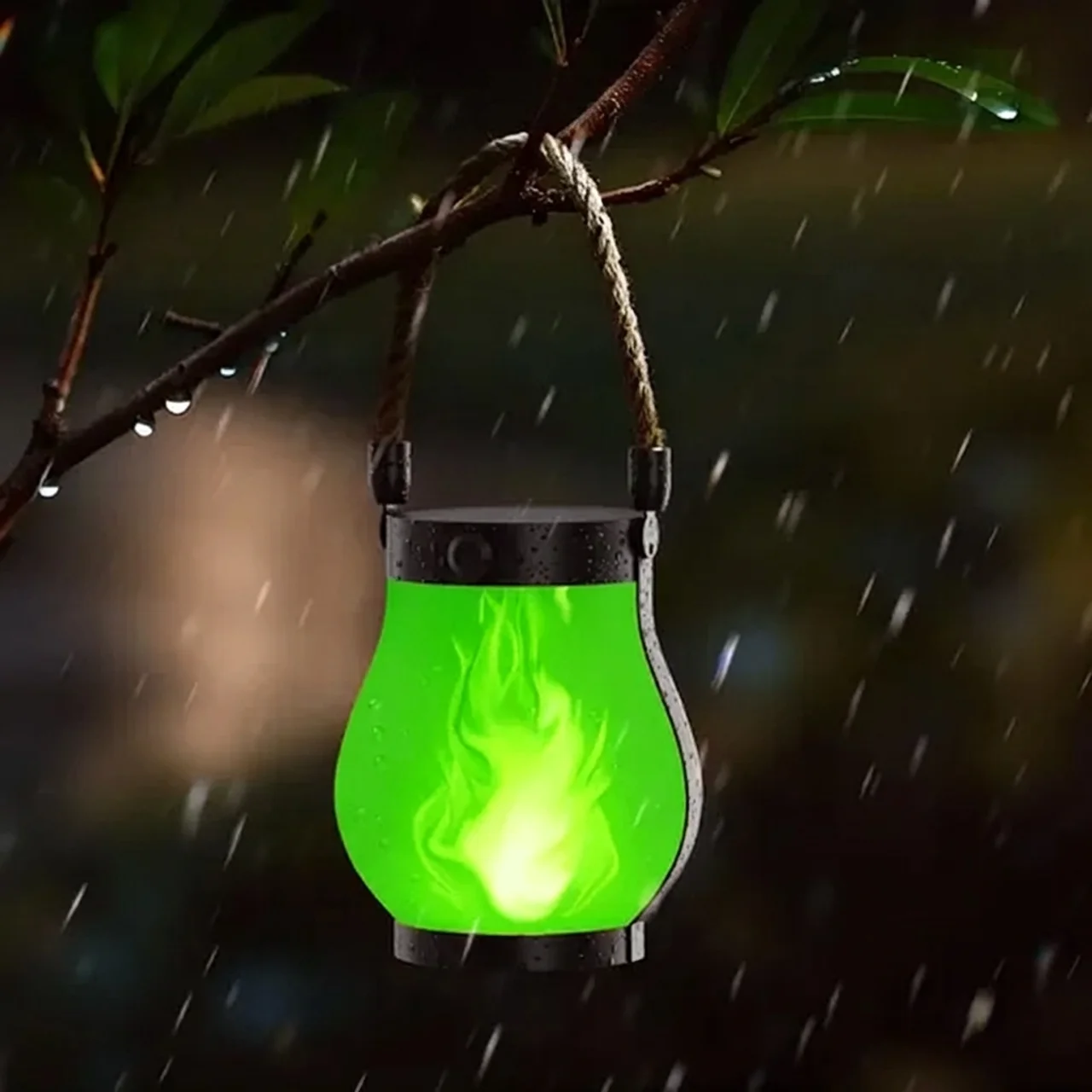 Green flame-patterned lantern hanging from a branch in the rain
