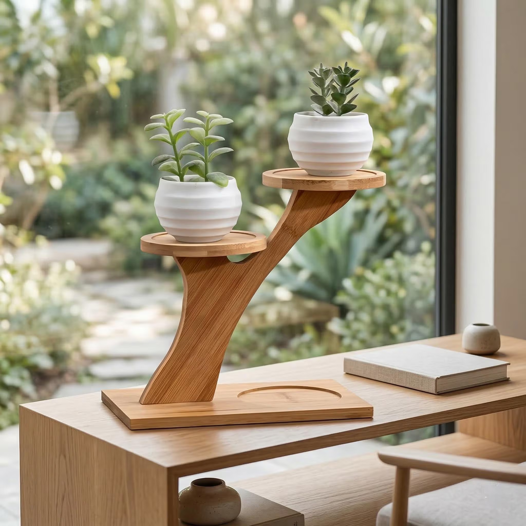 Wooden plant stand with three ceramic pots on a wooden table by a window.