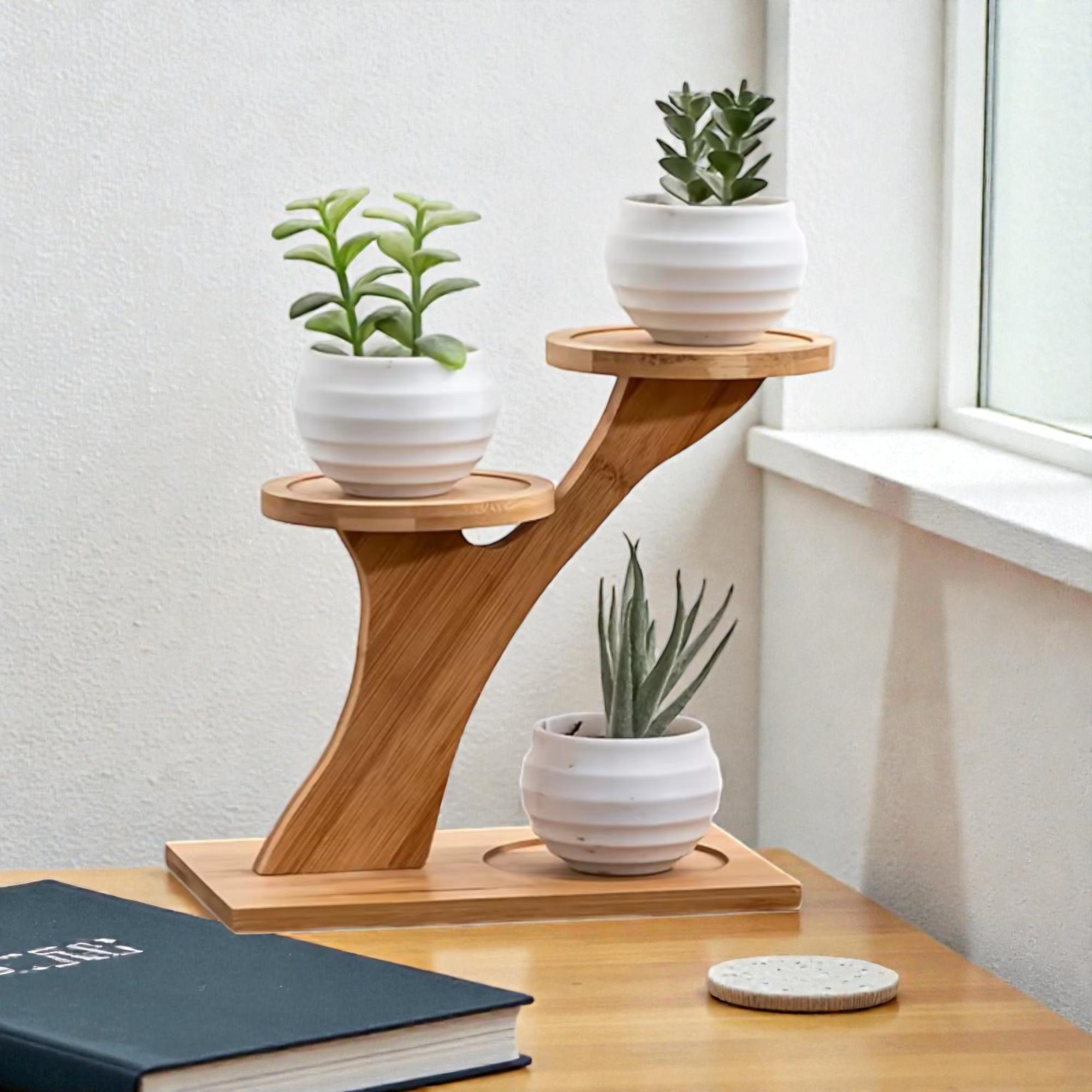 Wooden plant stand with three potted plants on a wooden surface near a window.