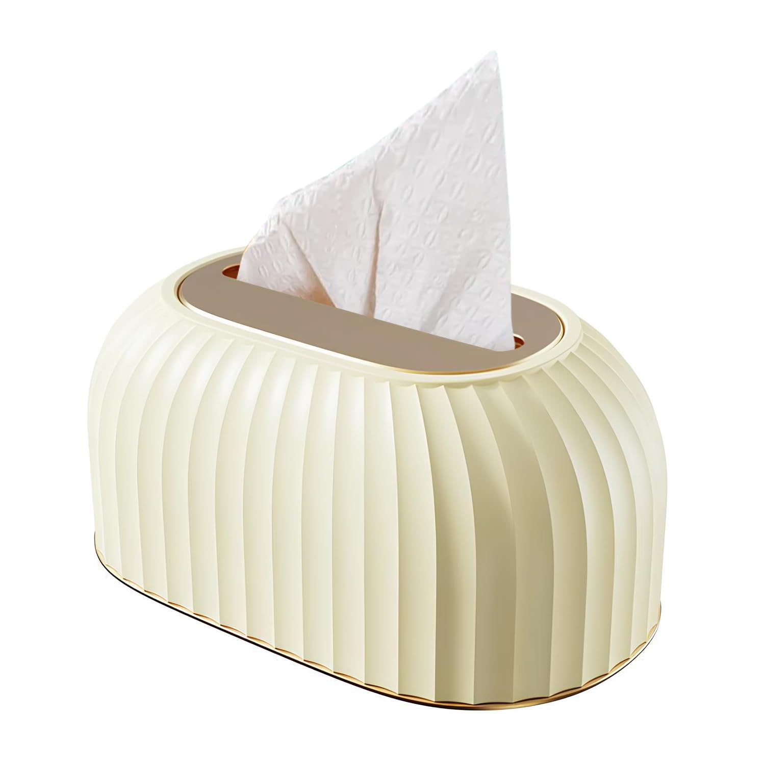 Beige pleated tissue box with white tissues on a white background
