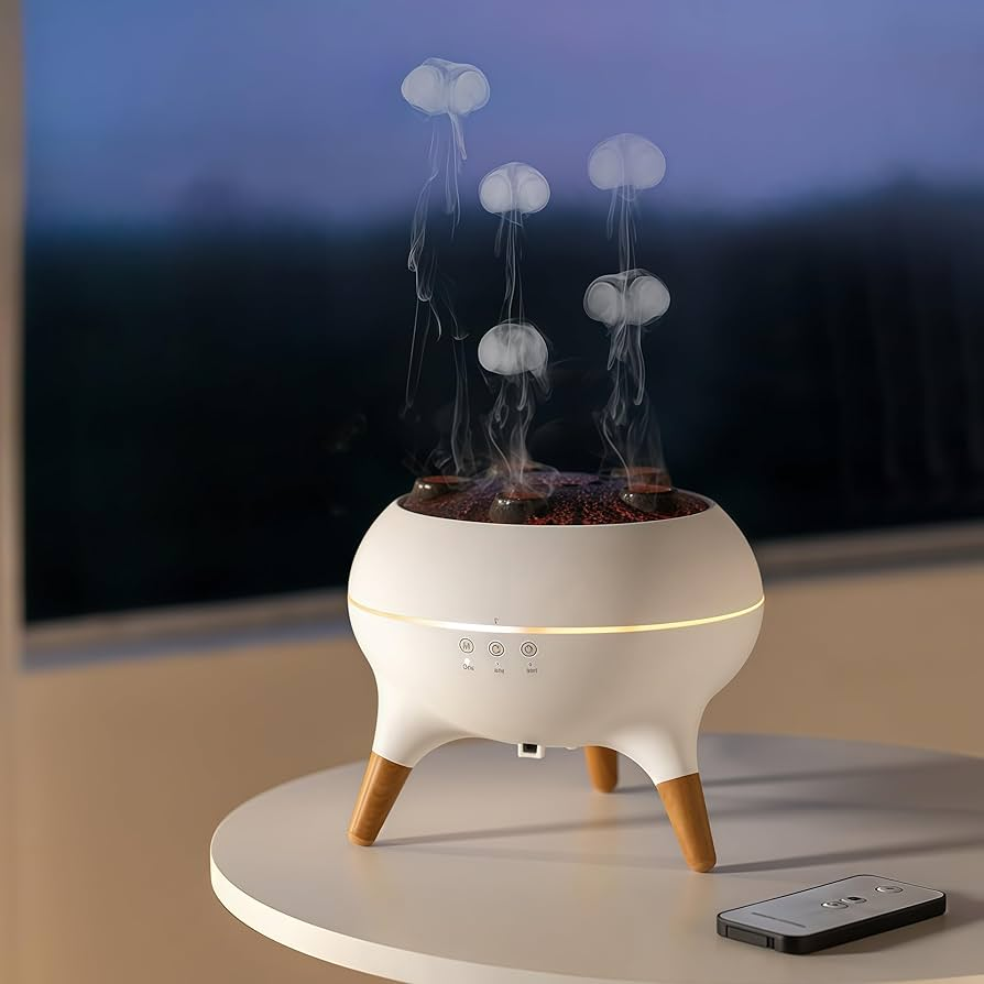 White diffuser with steam rising on a dark background