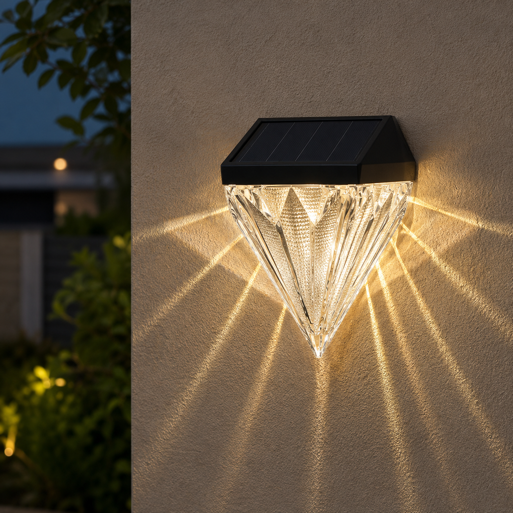 Solar wall light fixture on a wall with outdoor setting