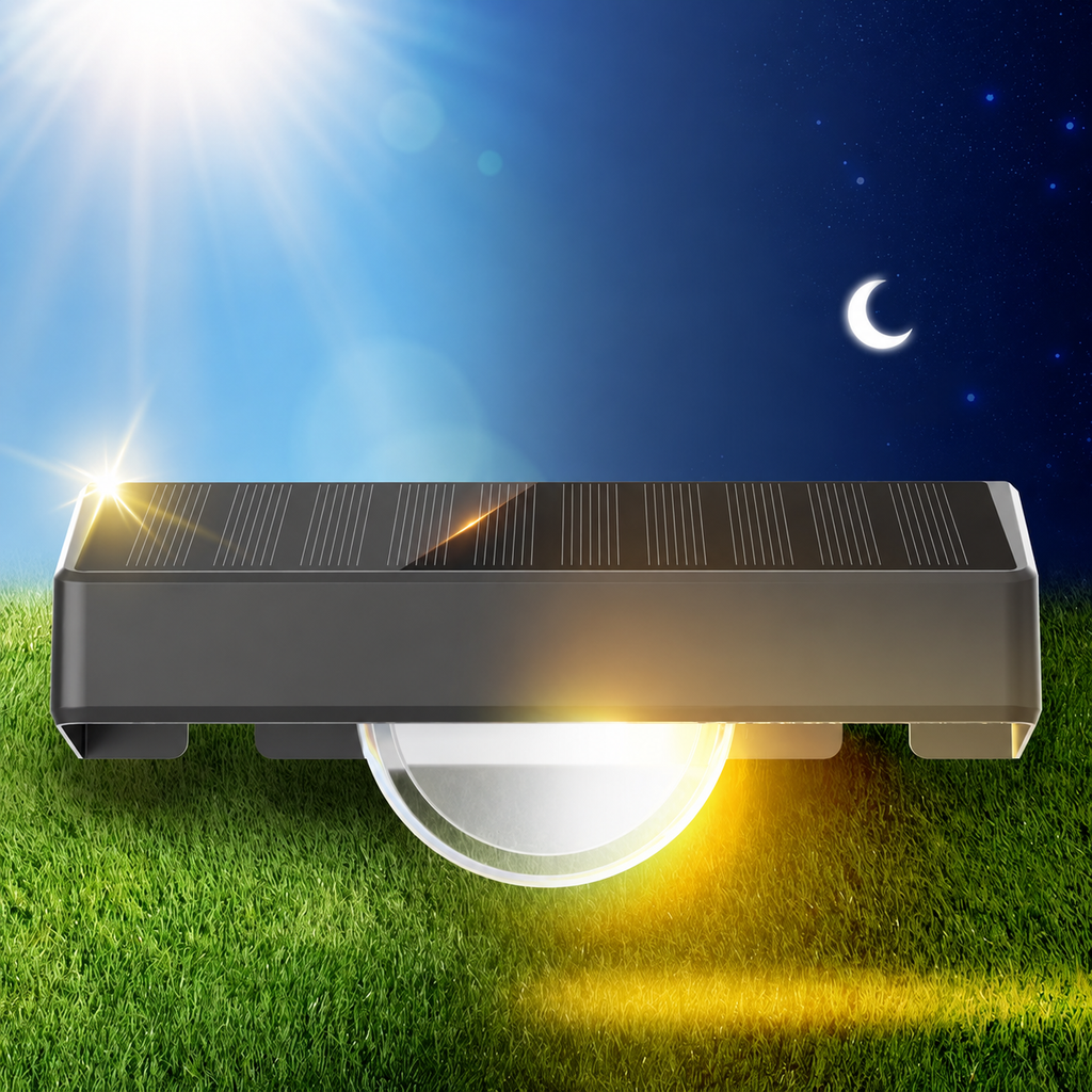 Solar-powered lawn mower on grass with sun and moon in the background