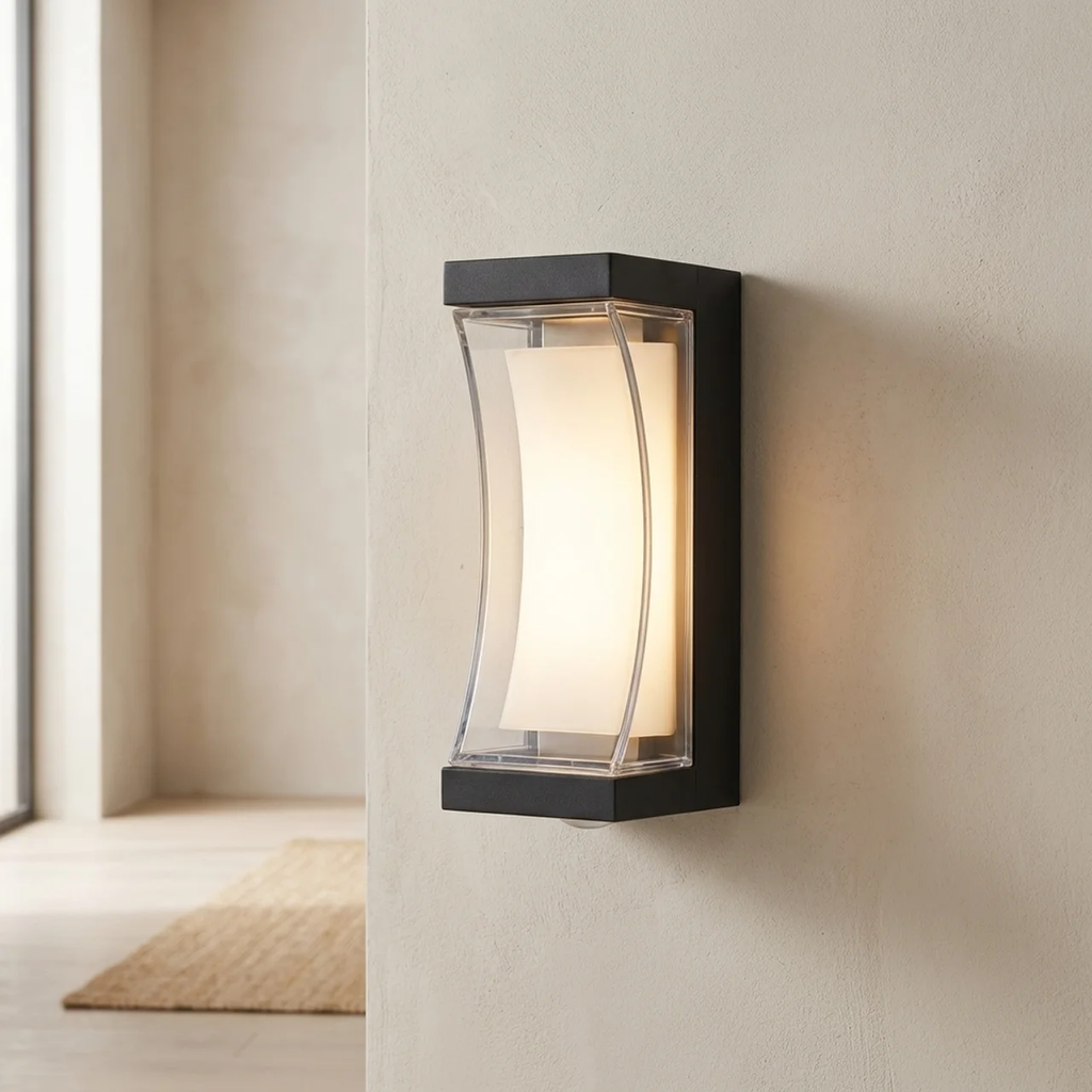 Modern outdoor wall light fixture on a neutral wall.