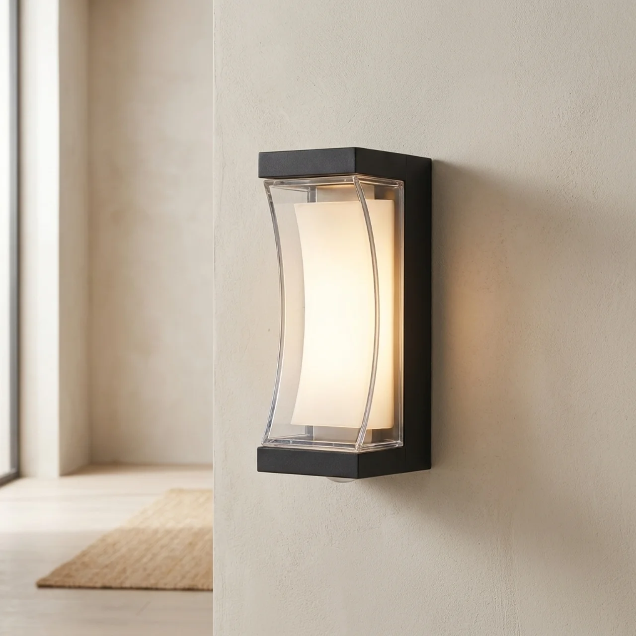 Modern outdoor wall light fixture on a neutral wall.