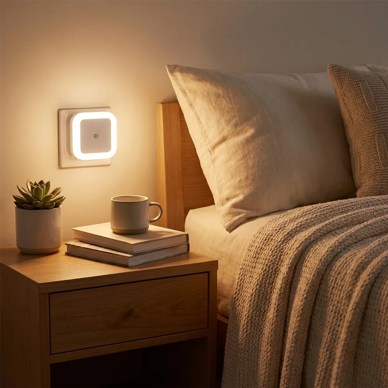 Bedroom scene with a night light on a bedside table, books, and a cup.