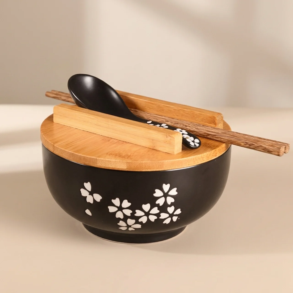 Ramen Bowl Set with Wooden Lid Tray Chopsticks Spoon and Serving Set
