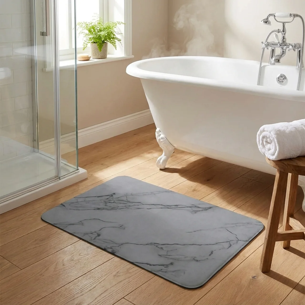 Gray marble-patterned bath mat on a wooden floor in a bathroom with a white bathtub and shower.