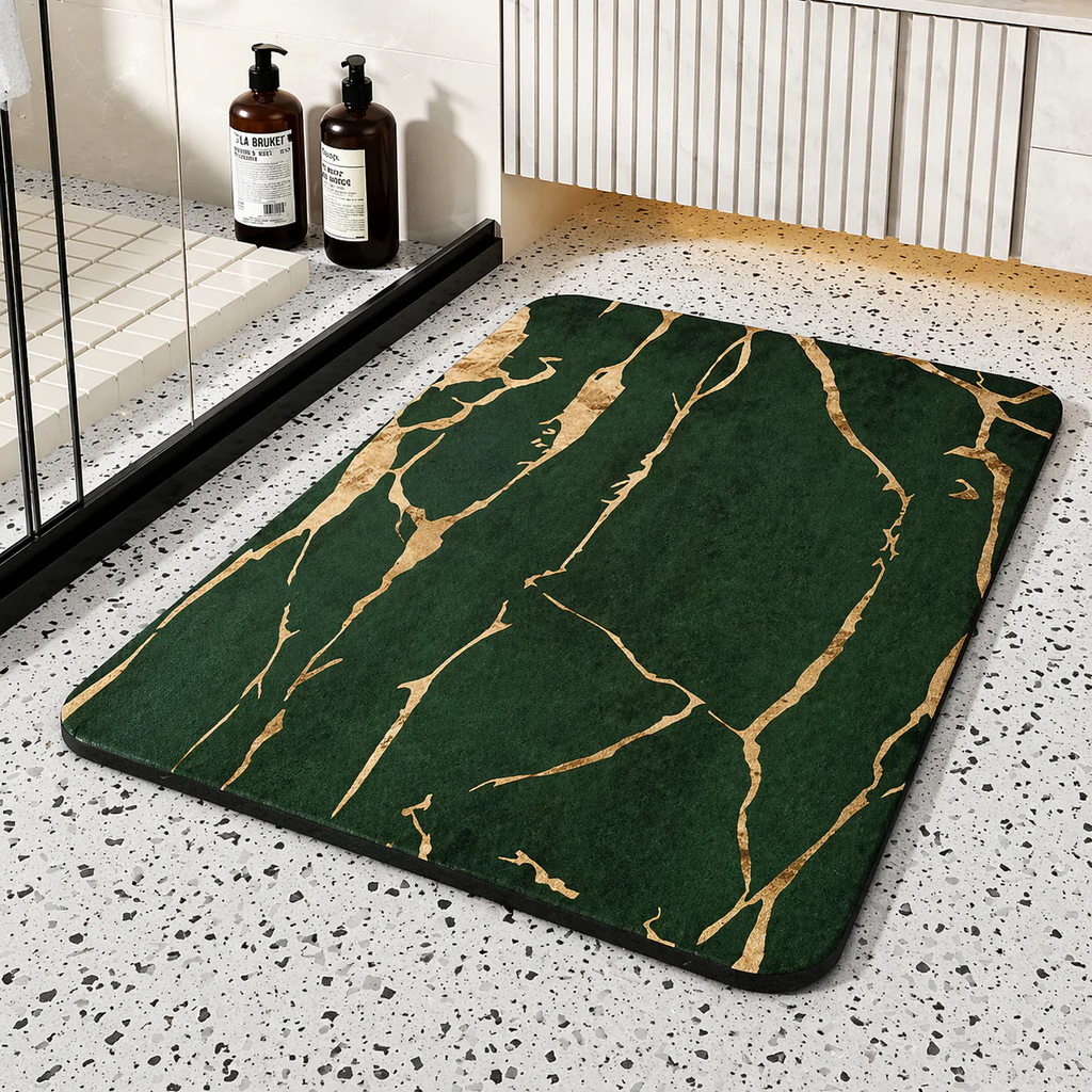 Green marble-patterned rug on a speckled floor with bottles in the background