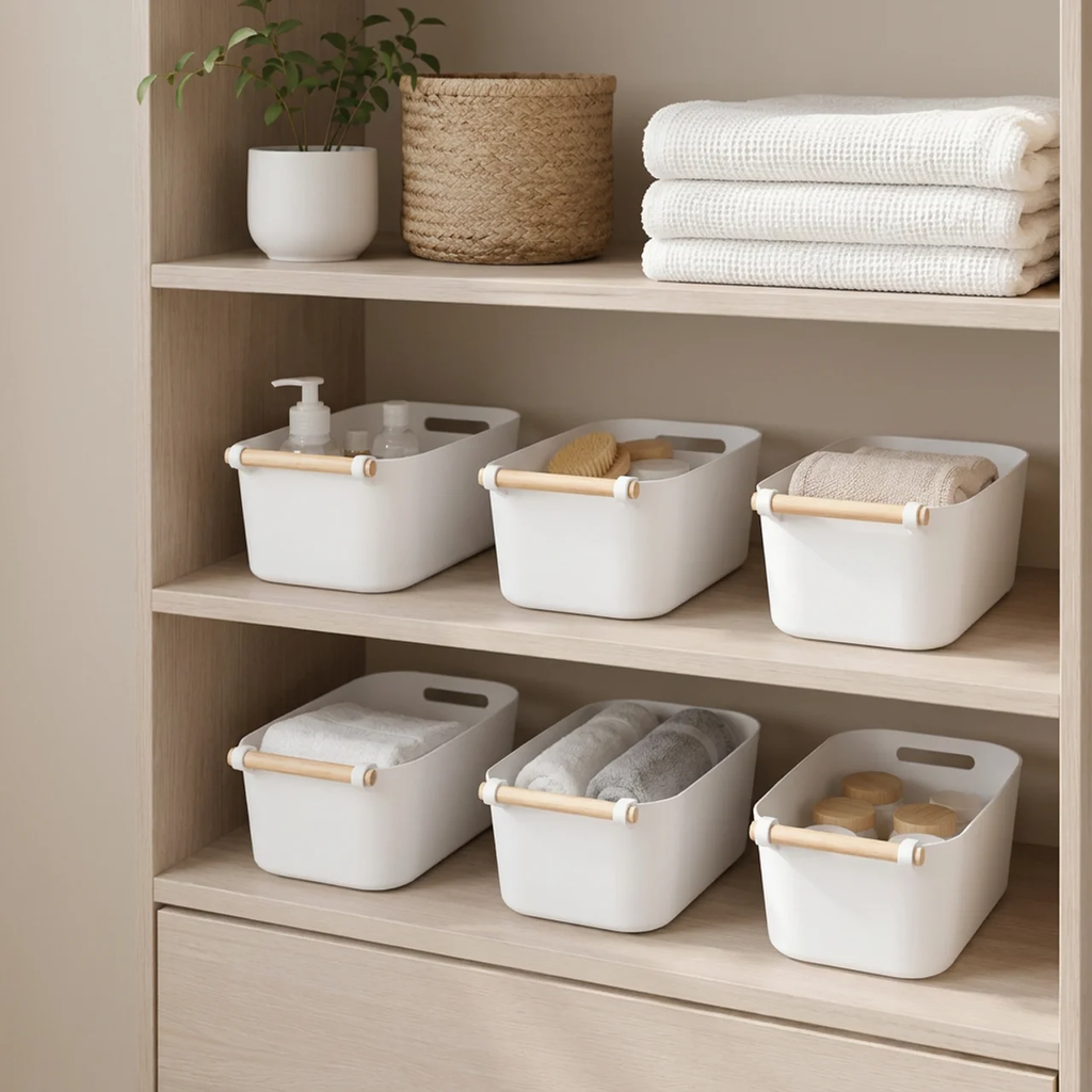 White plastic storage bins with light wood handles arranged on a light wood shelving unit, holding folded towels, bath soaks, and toiletry items. A small potted plant and a woven basket sit on the top shelf.