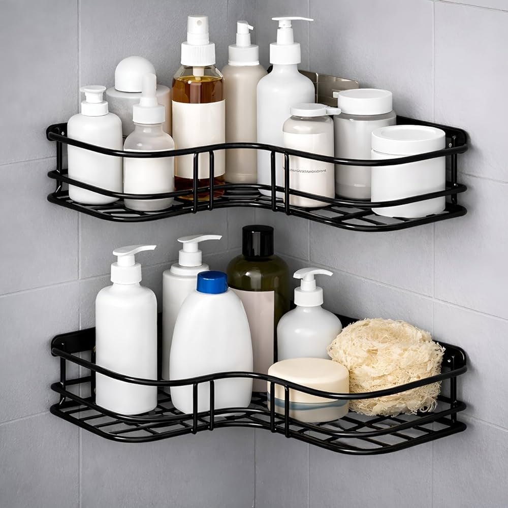 Corner Shower Caddy Wall Mounted Two Tier Black Bathroom Storage Shelf