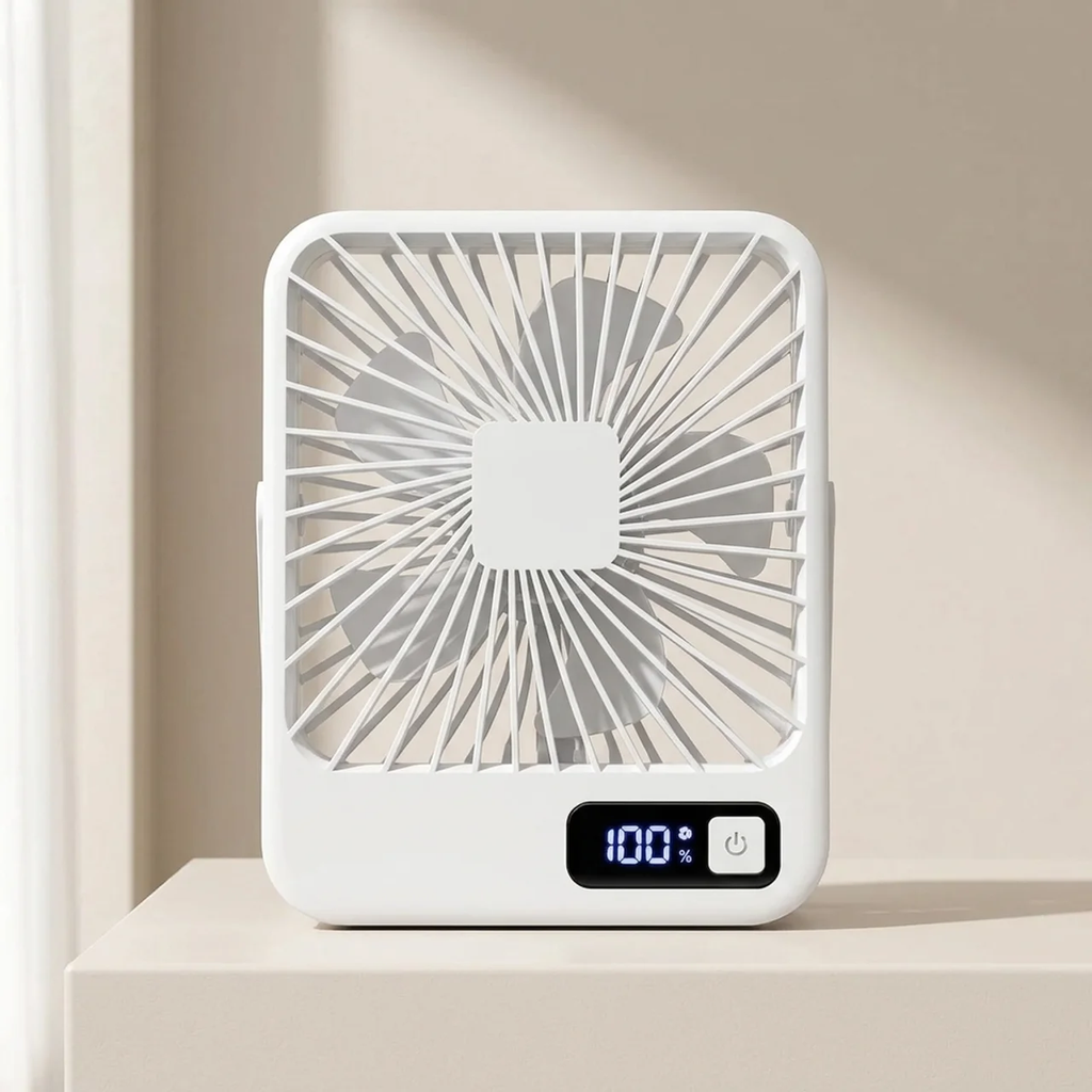 A compact white portable fan with a digital display showing 100% battery, placed on a light beige surface against a warm beige background.