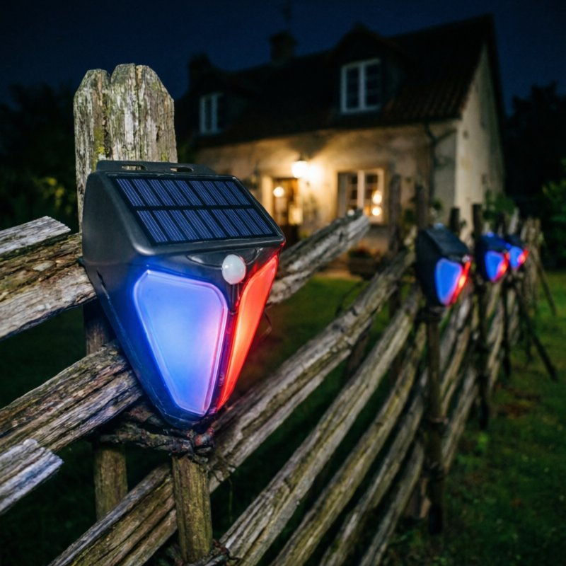 Solar motion-activated security lights mounted on a rustic wooden fence at night, with a blurred house in the background. The lights glow with blue and red panels.