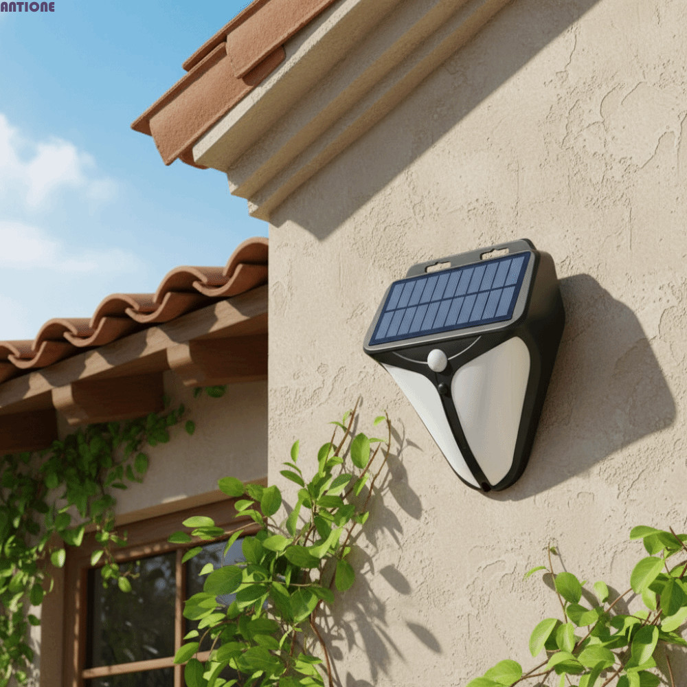 A solar-powered outdoor wall light mounted on a beige stucco house wall, with a blue sky, terracotta roof tiles, and green plants visible in the scene.