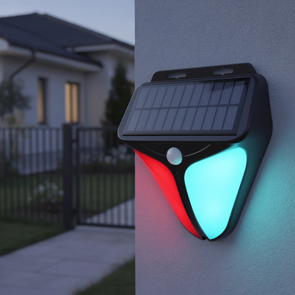 Solar-powered outdoor wall light mounted on a gray stucco wall, with a blurred house and fence in the background. The light has a black housing, a built-in solar panel on top, a white motion sensor, and illuminated red and cyan light panels.