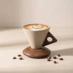 A ceramic pour-over coffee cone with a dark wood handle and matching wooden base, filled with latte art, set on a beige surface with scattered coffee beans.