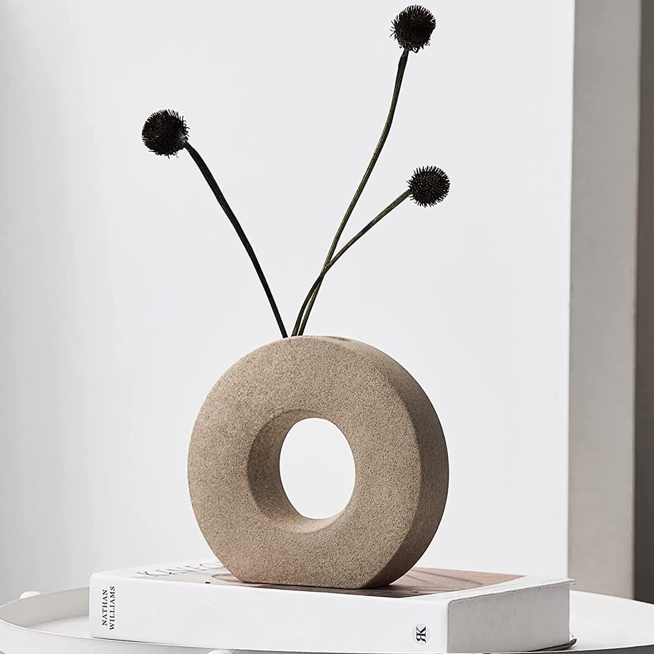 A minimalist beige donut-shaped ceramic vase with a central hole, holding three long black flower stems with round dark blooms, displayed on top of a white book against a clean light gray background.