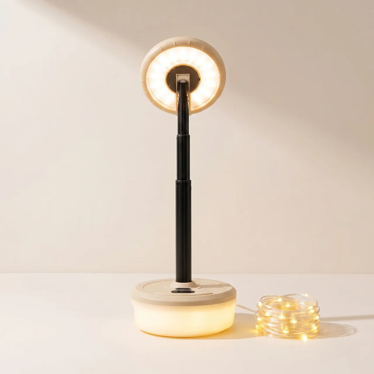 A modern solar-powered desk lamp with a circular light head, black pole, and round base, shown lit on a clean white surface with a small coil of warm white fairy lights beside it.