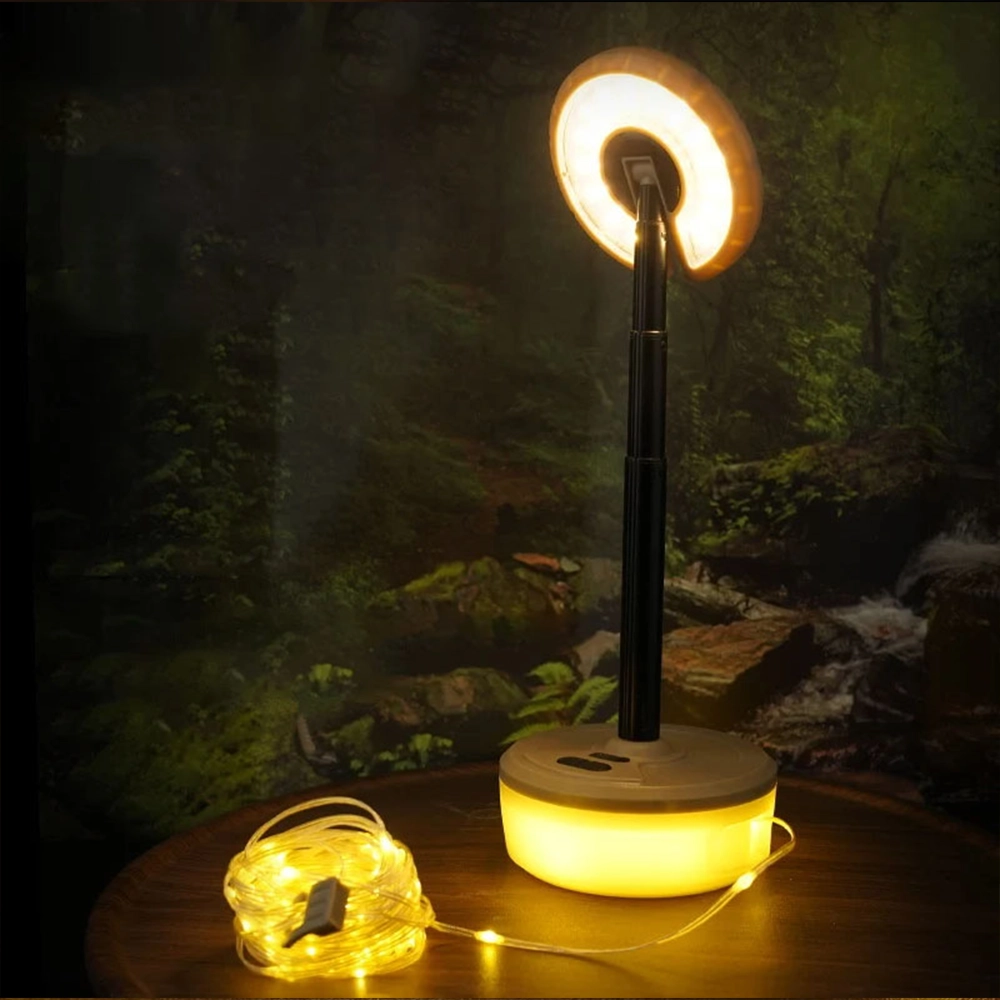 Table lamp with a moon-shaped design on a dark forest background