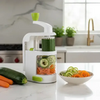 A white manual vegetable spiralizer with lime green accents stands on a kitchen counter, processing a zucchini into thin strips. A bowl of sliced zucchini and carrots sits to the right, with fresh carrots and a zucchini lying on the counter to the left.