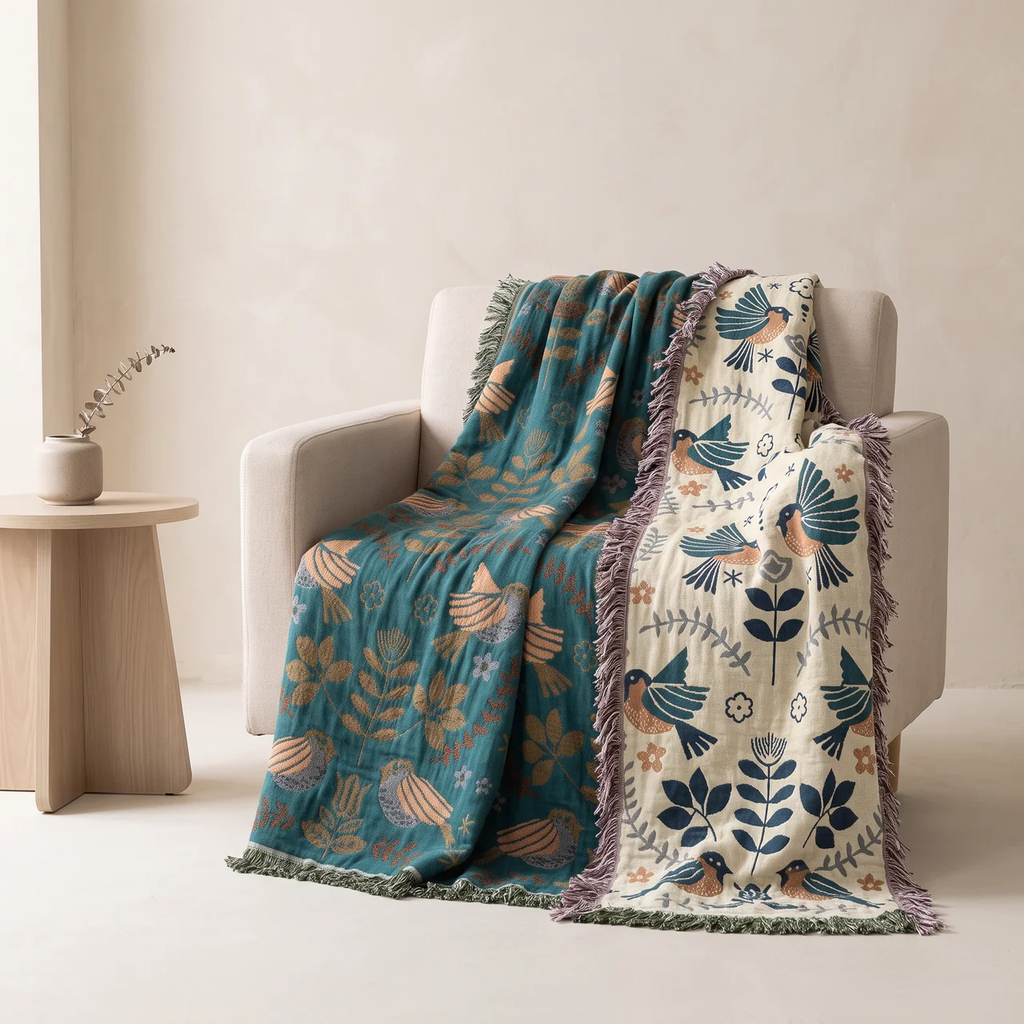 A patterned throw blanket draped over a light beige armchair in a minimalist room. The blanket features a teal side with a tan botanical pattern and a cream side with a navy bird and floral design, finished with fringed edges.