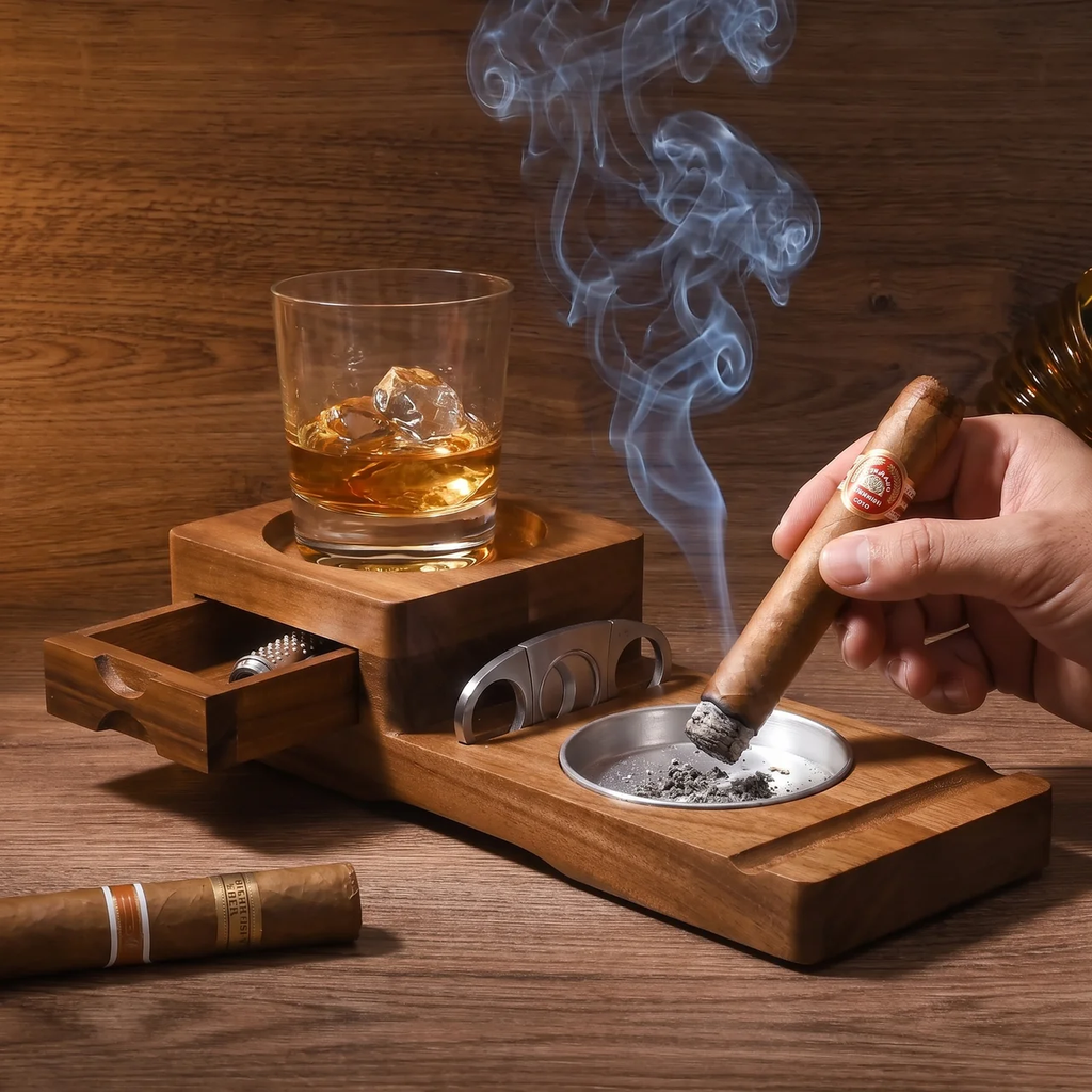 A wooden cigar ashtray and cigar holder set on a wooden table, with a hand holding a lit cigar, a glass of whiskey with ice, and another cigar nearby. Smoke rises from the cigar.