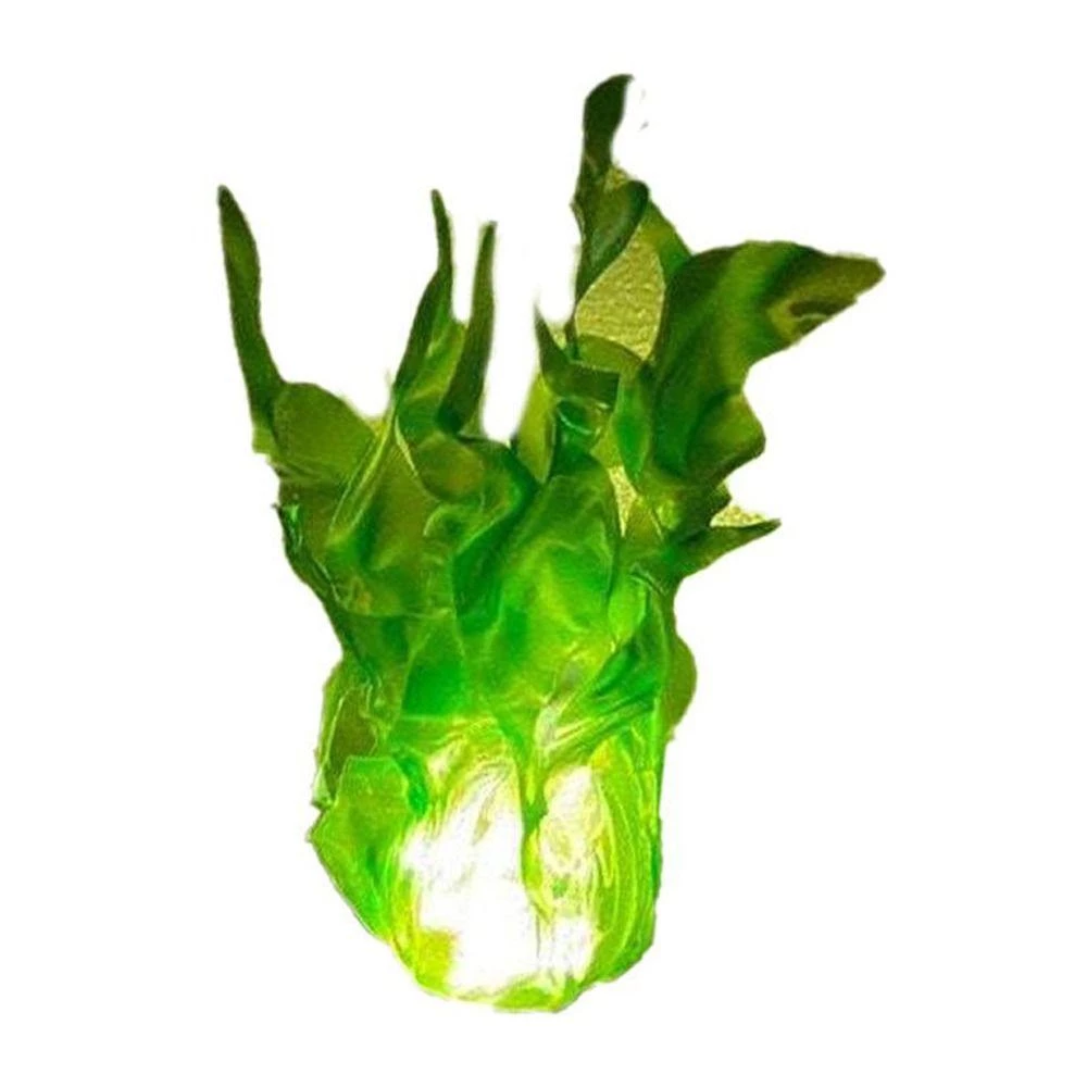 A translucent green decorative object with a leafy or flame-like organic shape, shown against a plain white background.