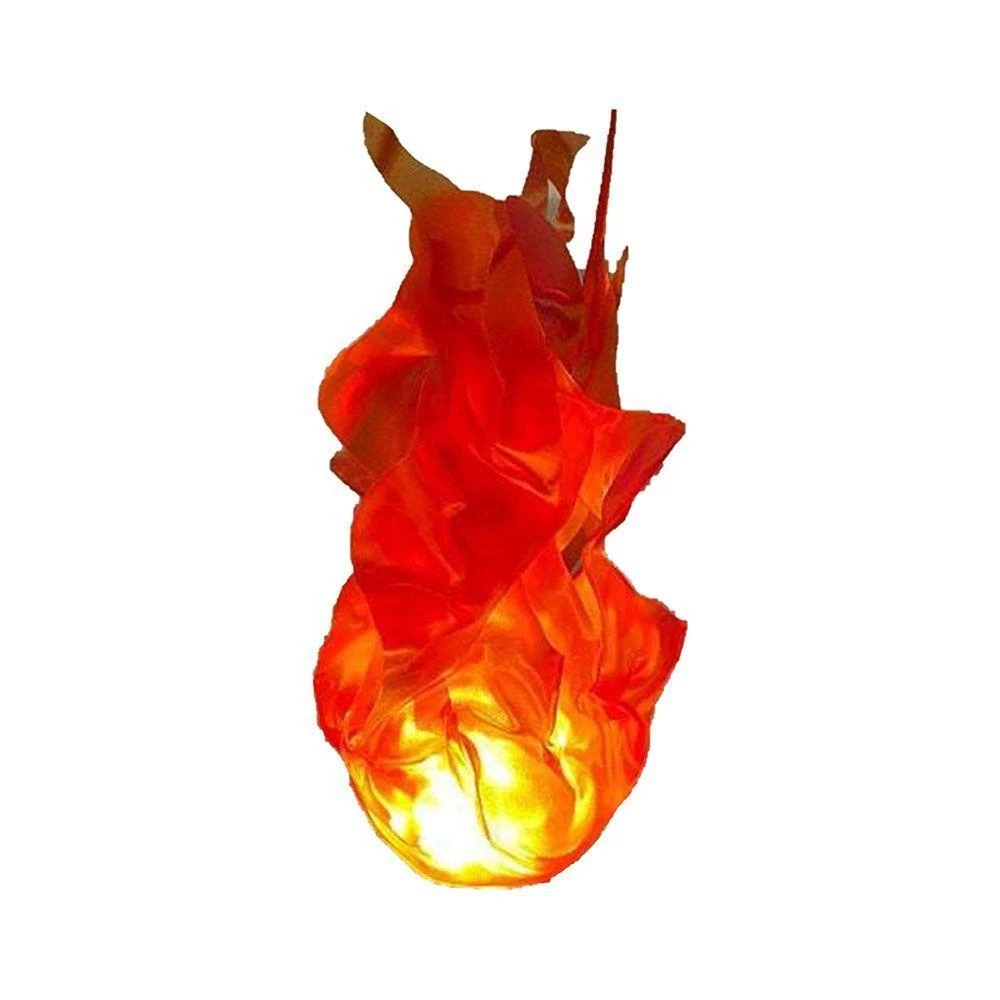 A decorative flame-shaped wall lamp or hanging ornament made of translucent red and orange fabric, glowing with a warm yellow light at the base, shown against a plain white background.