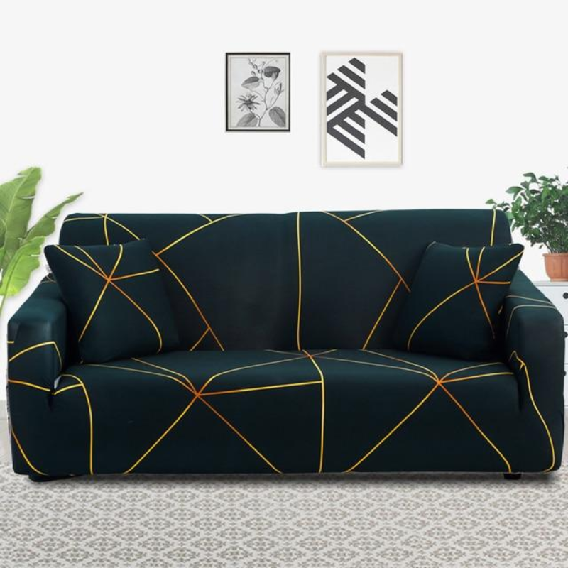 Green sofa with geometric pattern in a living room setting