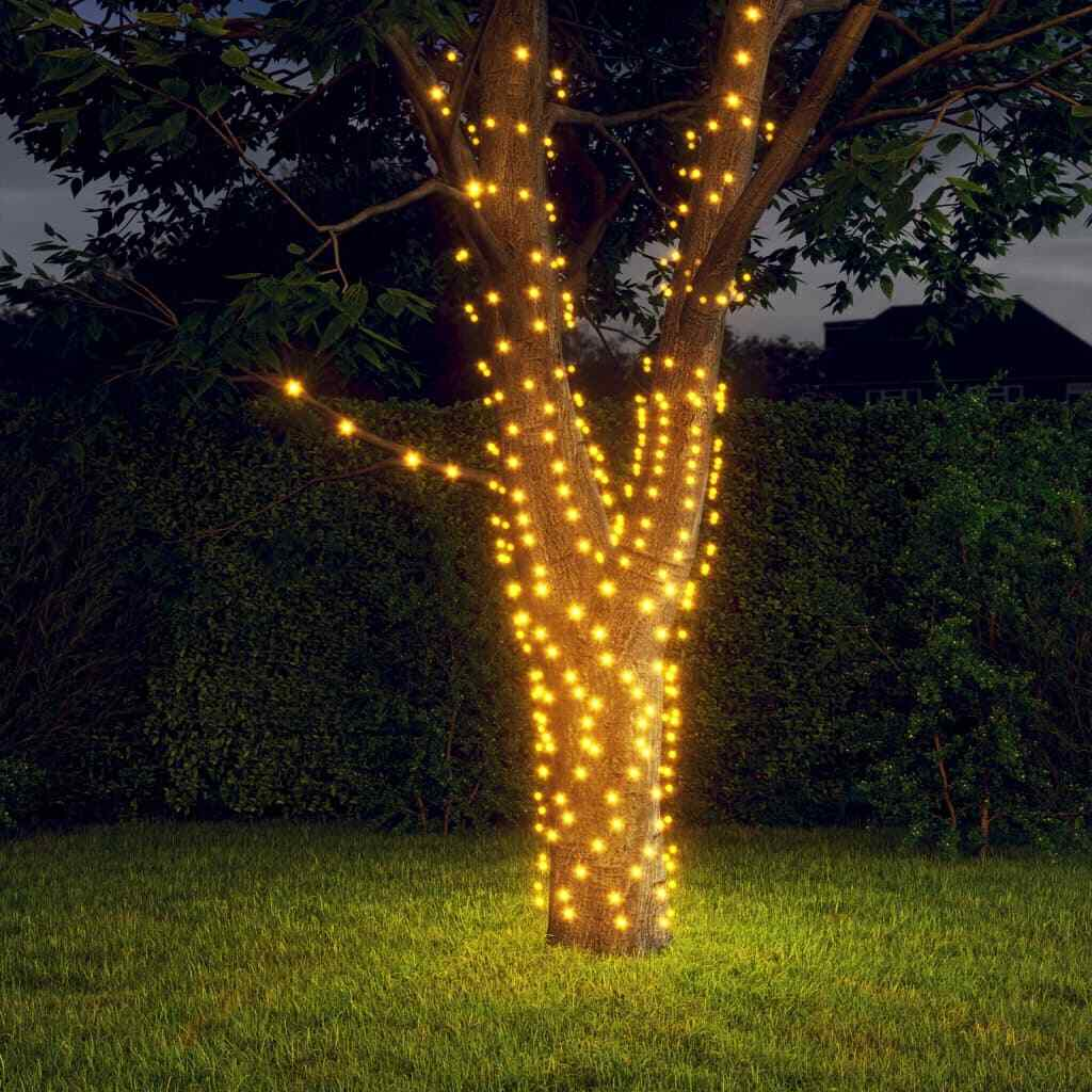 Tree trunk decorated with string lights against a dark background