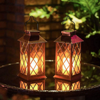 Two decorative lanterns with warm glowing candles inside, placed on a glass table outdoors at night with a blurred brick wall and greenery in the background.