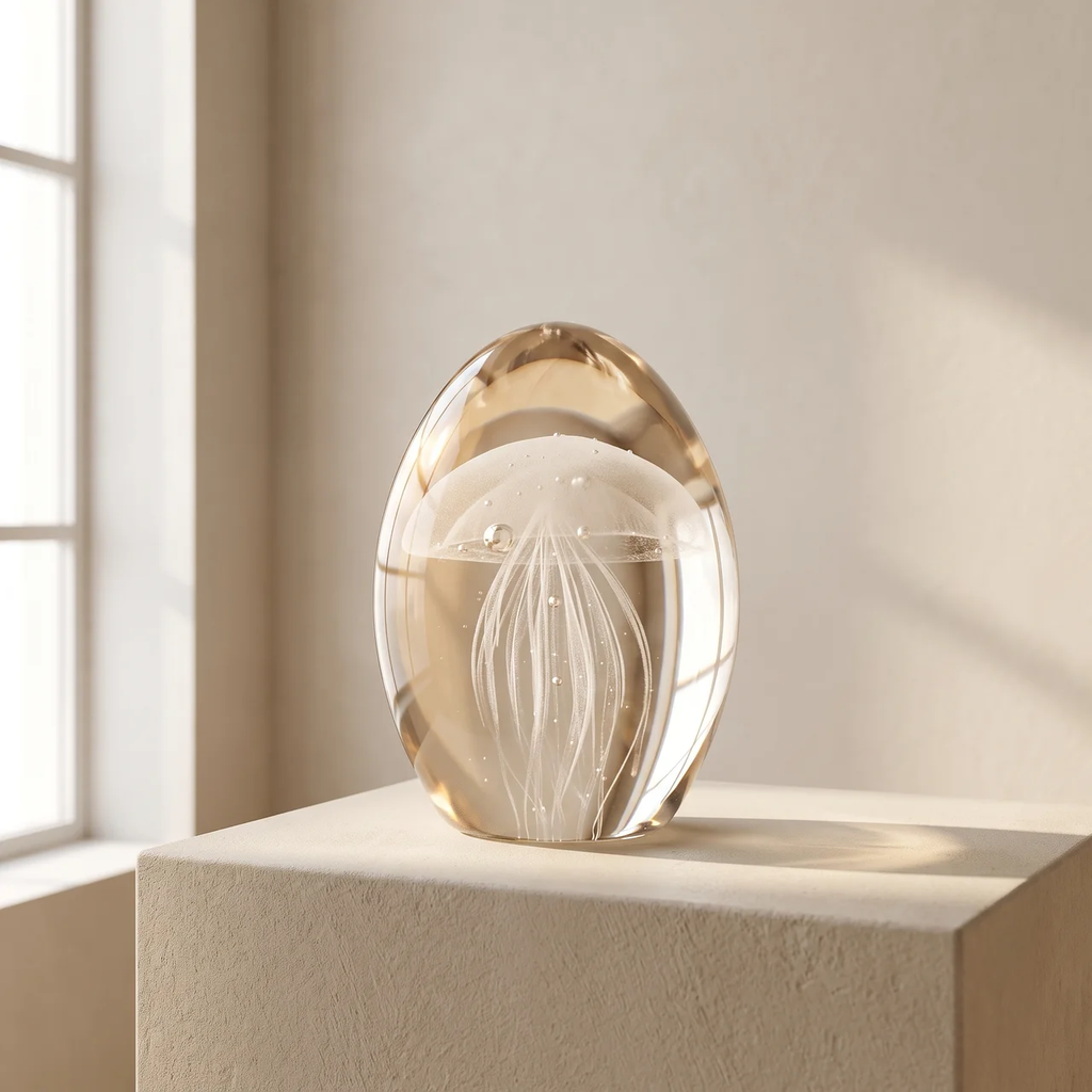 A clear glass egg-shaped sculpture with an etched jellyfish design inside, displayed on a beige pedestal in a softly lit room.