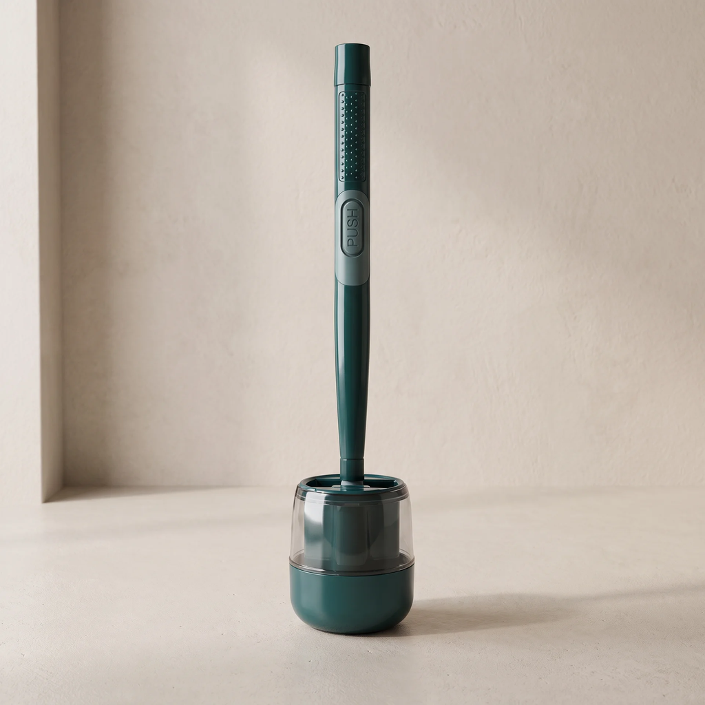 A dark teal electric toothbrush with a textured grip and a silver accent band, standing upright in its matching dark teal charging base on a light beige surface against a textured beige wall.
