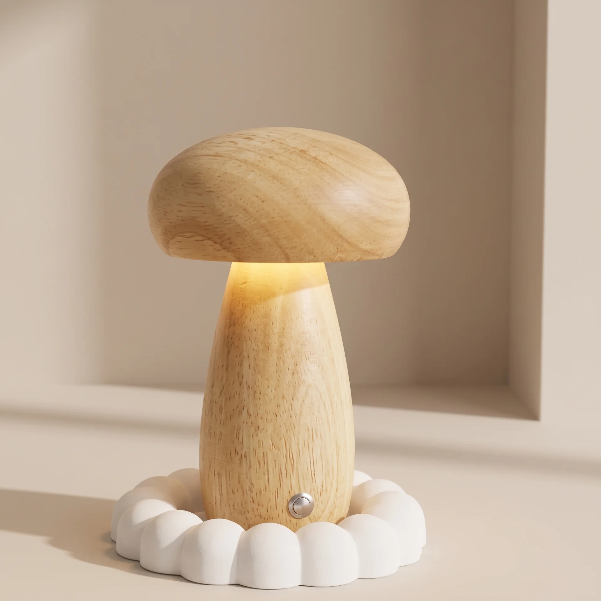 A mushroom-shaped wooden night light with a warm glowing light, resting on a white scalloped wooden base against a beige background.