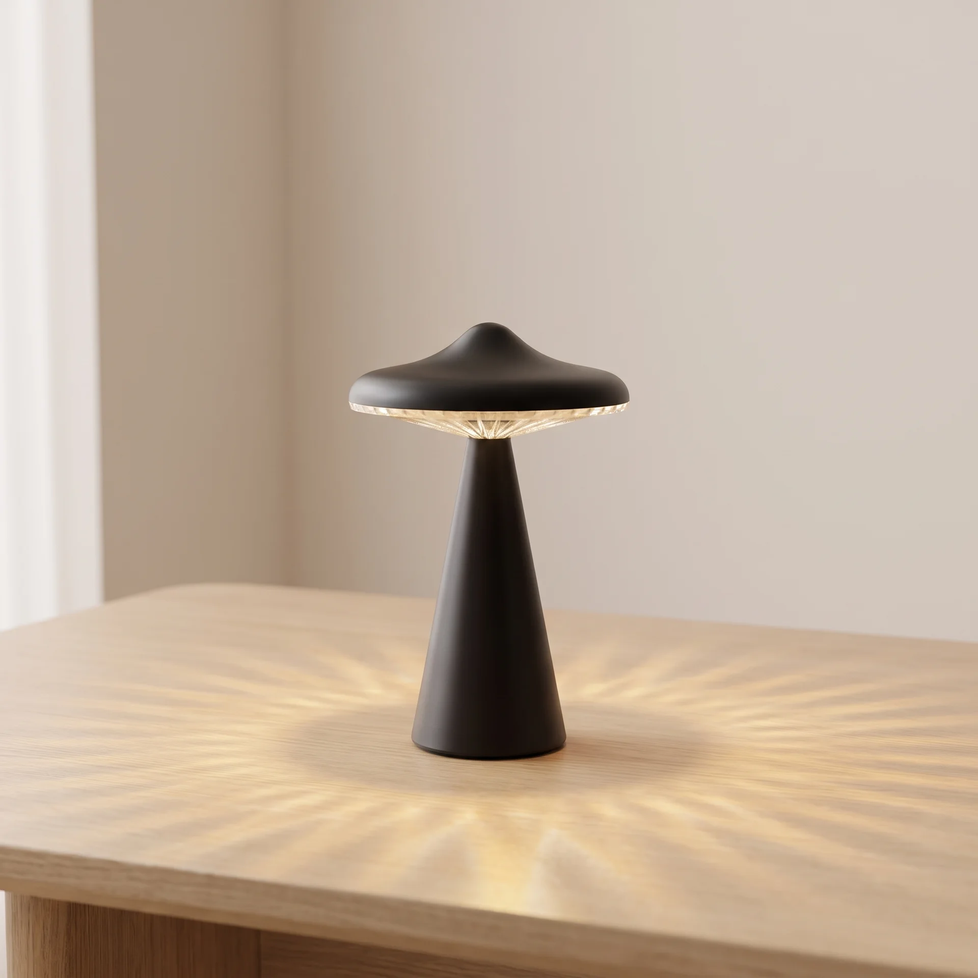 A small black mushroom-shaped table lamp sits on a light wood table, casting a warm radial shadow pattern on the tabletop against a soft beige wall.