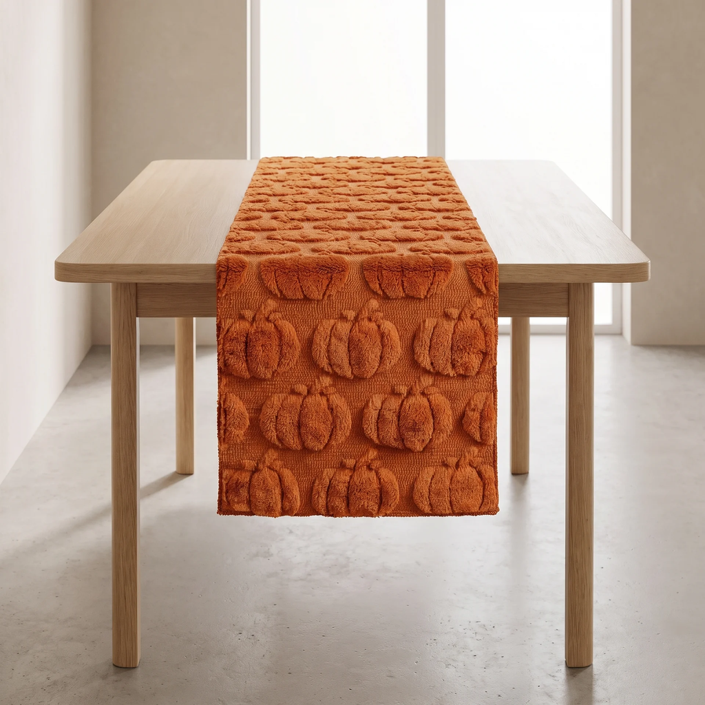 An orange table runner with a 3D pumpkin pattern, draped over a light wood dining table in a minimalist room with beige walls and concrete floors.