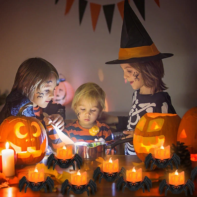 Children celebrating Halloween with carved pumpkins and candles.